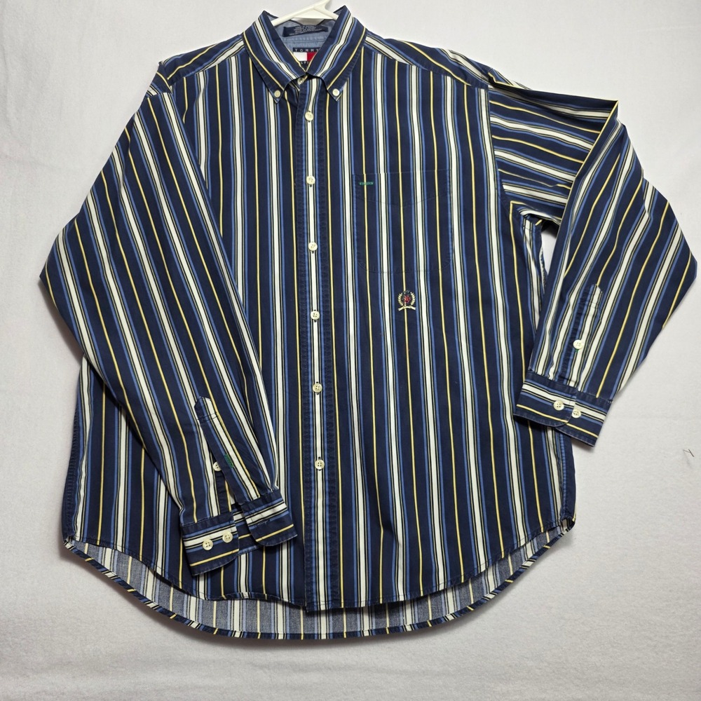 Tommy Hilfiger‎ Mens Striped Button Down Shirt Navy Blue Yellow Crest Logo M
